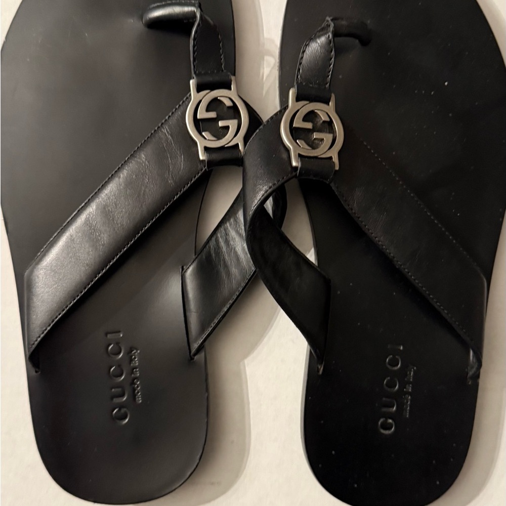 Gucci Black Sandals with Silver Emblem